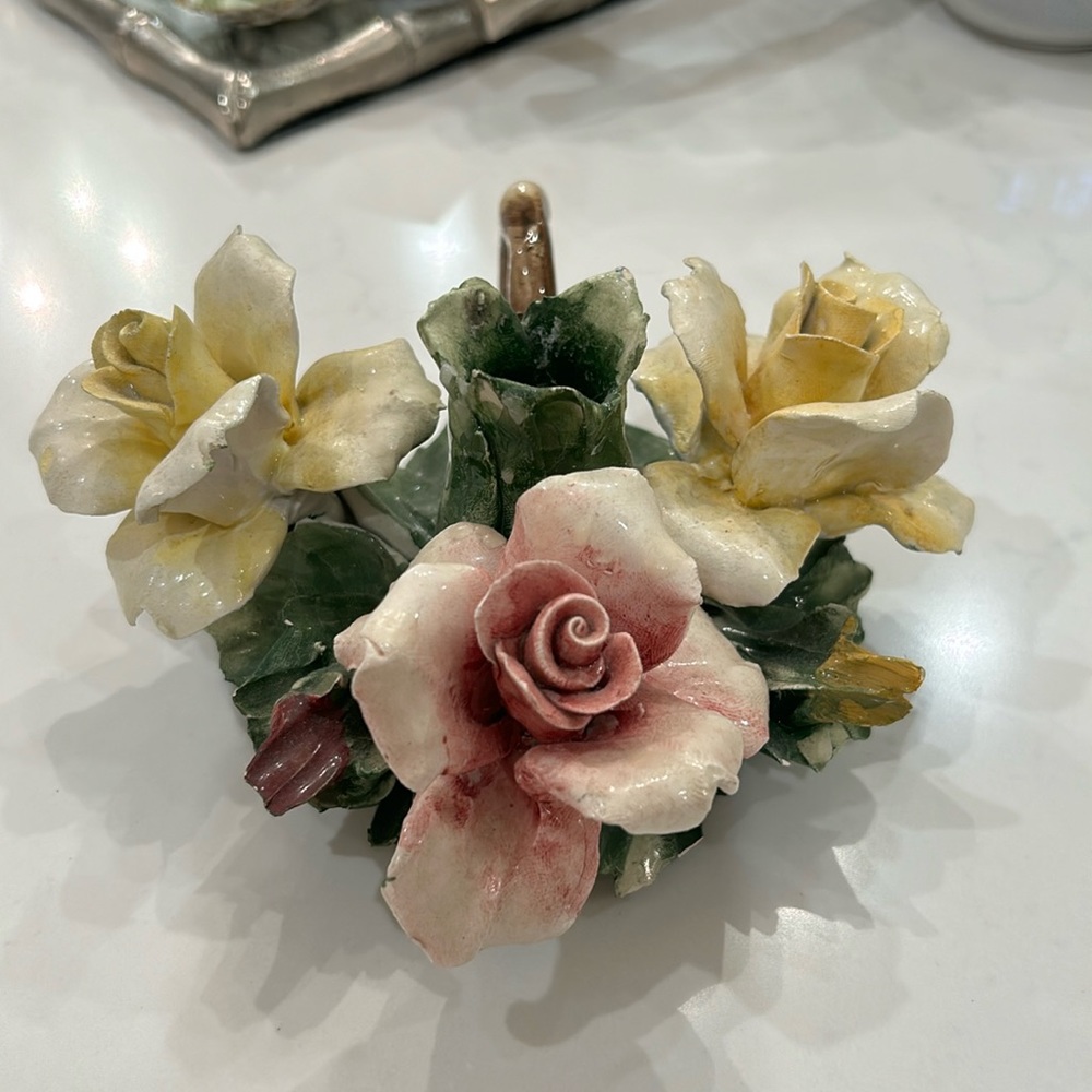 Collectable Nuova Capodimonte floral bouquet Yellow,  pink, green Candle holder